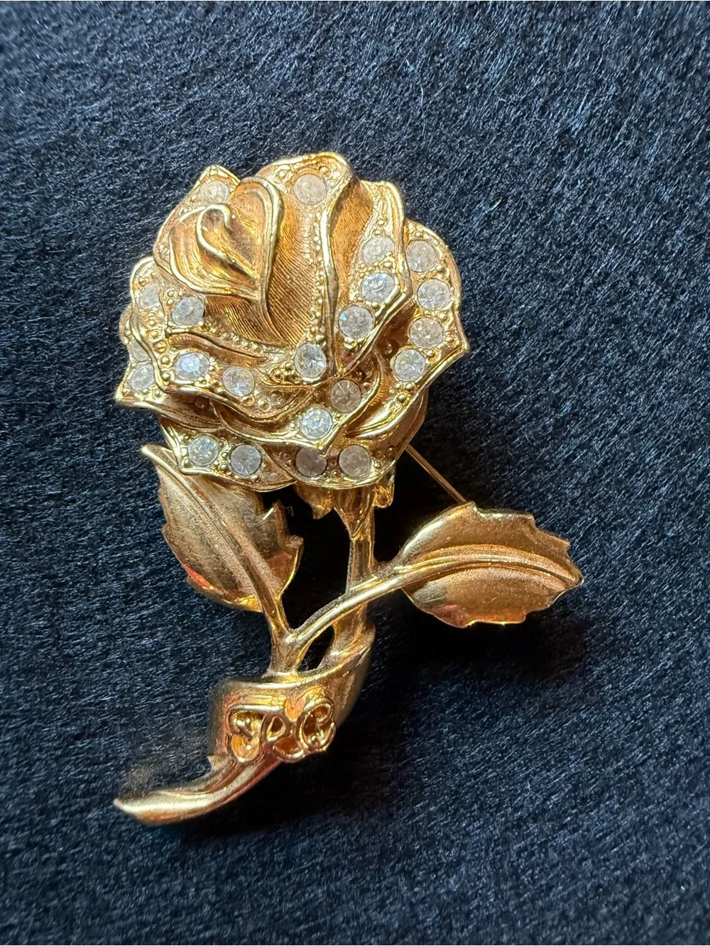 Vintage RC Signed Gold Tone Rhinestone Rose Brooch Floral Statement Pin